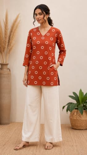Image of Women's Floral Printed Cotton Kurti Summer Cotton Tunic Top for Girls
