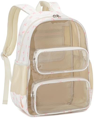 CAMTOP Clear Backpack Heavy Duty Transparent Bag See Through BookBag for Student School Work Festival Sport Travel (Pink Bow)