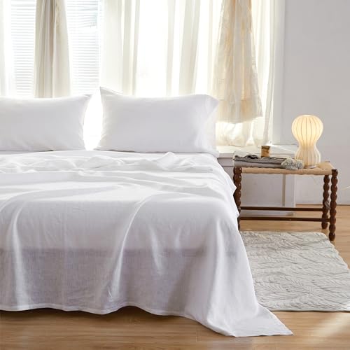 Parure de lit 100 % lin français blanc très grand lit avec drap plat - 8