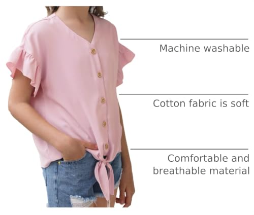 Image of Girls Ruffle Short Sleeve Shirts V Neck Tie Front Knot Tops Button Cute Tunic Shirts Blouse