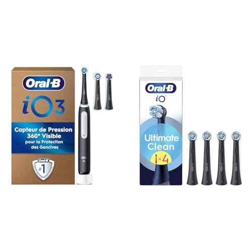 Oral-B Ensemble Brosse A Dents Electrique iO 3 Noire Et Lot De 4 Brossettes De Rechange Oral B Ultimate Clean, AUTHENTIQUES, Brossage En Profondeur Avec 3 Modes Dont Blancheur, Embouts Ronds