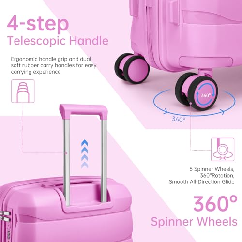 Image of Carry On Luggage 22x14x9 Airline Approved, 22 Inch PP Hardshell Luggage Carry-on Suitcase with Spinner Wheels, Carry On Suitcase Set for Women (Hot Pink)