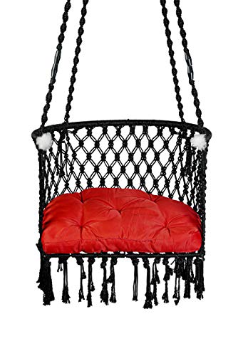 Image of Patiofy Made in India Premium Cotton C-Swing Chair for Adults, Kids Hammock-Hanging Chair Swing with Red Color Cushion and Accessories (Black)