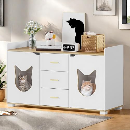 DWVO Double Cat Litter Box Enclosure for 2 Cats, 55 inch Large Two Cat Litter Box Furniture with Drawers for Storage, Wooden Dual Litter Box TV Stand White, 55