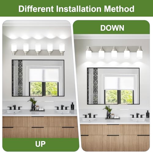 Image of Bathroom Light Fixtures, Brushed Nickel Bathroom Lighting Fixtures Over Mirror, Modern Vanity Light with White Glass Shade, Restroom Lighting Fixtures, 5-Light 36-inch