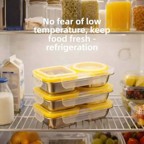 Image of Motka Stainless Steel Bento Lunch Box with 2 Compartment | 460 ml Leakproof Lid, Portion Control Meal Box | BPA Free Food Storage Container | Dishwasher, Freezer Safe | Office School Travel - Yellow