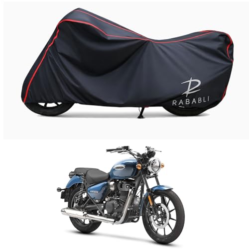Image of Waterproof Bike Body Cover Compatible for | Royal Enfie Meteor 350 Stellar | Taffeta Fabric, Red Piping Design, Bottom Elastic Fit | Dustproof, Sun UV & Rain Protection for All Bikes