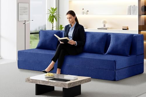 Image of Los Angeles Foldable Four Seater Sofa Cum Bed, Sofa Bed 6 X 6 Feet, Jute Fabric Washable Cover Including 4 Cushion Perfect for Home & Office -Blue Color