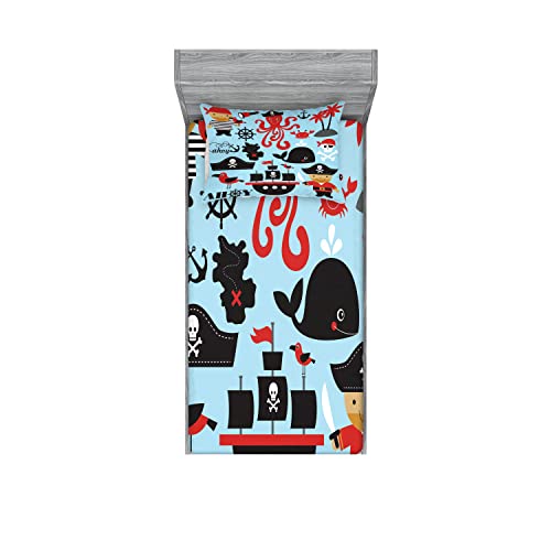 Ambesonne Pirate 2 Pack Fitted Sheet & Pillow Sham Set, Cartoon Marine Adventure, 4 Pcs Bedding Decor, Package Contains 2 Twin Size Fitted Sheets & 2 Pillow Covers, Blue Pink