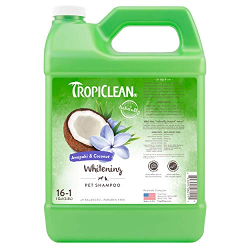 TropiClean Dog Shampoo, Made in USA - Derived From Natural Ingredients - Grooming Supplies for Smelly Dogs, Puppies, and Cats - Soap & Paraben Free, Whitening, 1 Gallon