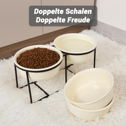 Hundenapf Set Erhöht Hundenäpfe Keramik - Fressnapf Hund 2er Set mit Rutschfestem Metallständer - Doppelnapf Hund für Futter und Wasser - Ideal für Kleine und Mittelgroße Hunde - 2 x 800 ml - Beige