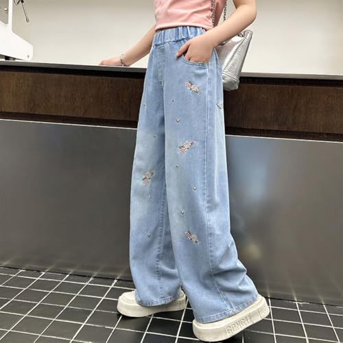 Girls Wide Leg Jeans Cherry Embroidered Coquette Trousers Baggy Casual High Waist Stretch Tween Denim Pants with Pocket 4-15Y2