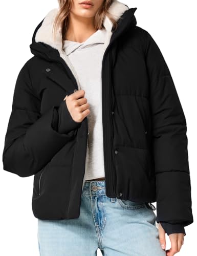 Yimoon Women's Cropped Puffer Jacket Fur Lined Winter Coat (Black-M)
