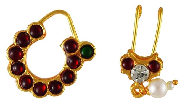 pmw Brass Bharatnatyam Kuchipudi Dance Temple Ornament Nose Set for Women (Multicolour)-picture-34