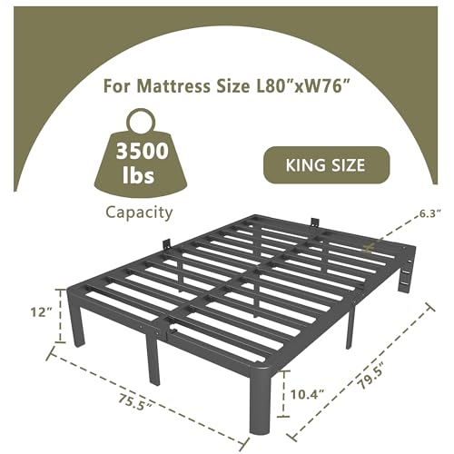Image of ITIMIDI 12 Inch King Size Bed Frame, Heavy Duty Mattress Foundation and DIY Headboard, Safety Design with Rounded Corner Legs, King Platform Bed Frame, No Box Spring Needed, Noise Free, Black