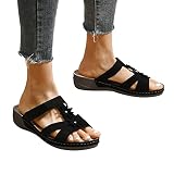 TDEOK Orthopedische sandalen voor dames, elegante orthopedische schoenen, zomerschoenen, sleehak, plateauzool, riempjes met hak, platform met voetbed, slippers, slippers, zwart, 37 EU