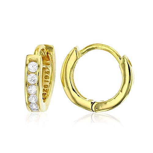 DECADENCE Sterling Silver Polished Channel Huggie Hoop Earrings for Women and Girls | 2.5x12mm AAA Cubic Zirconia Hoop Earrings | Secure Tube Cartilage Closure | 14k Plated Shiny Classic Earrings