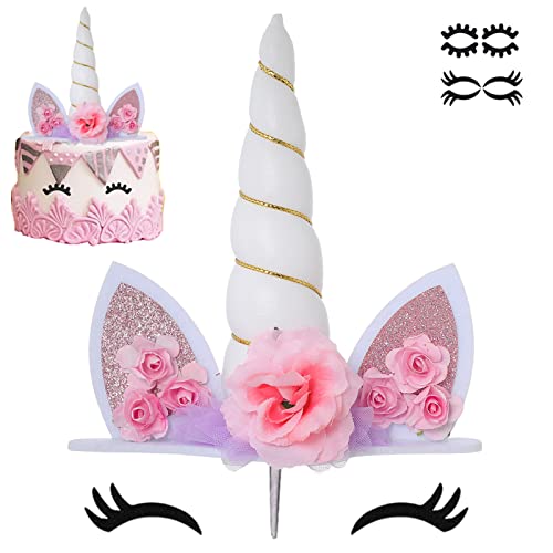Unicorn Cake Topper Unicorn Birthday Party Supplies Unicorn Birthday Decoration For Girls Unicorn Cake Decoration White Unicorn Horn First Birthday Cake Topper Kit With Eyelashes, 5.8 Inch #TOP21