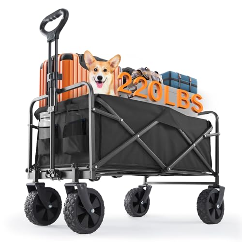 Sweetcrispy Collapsible Foldable Wagon Cart, Large Capacity Garden Beach Cart with All-Terrain Wheels, Heavy Duty Utility Grocery Wagon with Drink Holders for Shopping Sports Camping - 30IN Black