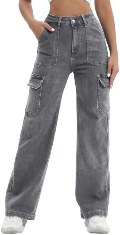 Women Cargo Jeans High Waist Y2K Straight Leg Trendy Stretchy Lightweight Jeans for Women