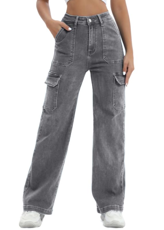 Women Cargo Jeans High Waist Y2K Straight Leg Trendy Stretchy Lightweight Jeans for Women