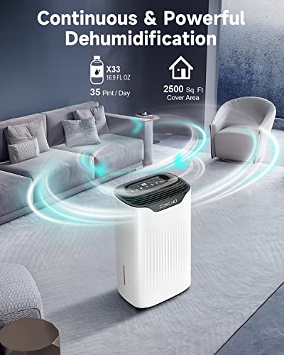 Concho 2500 Sq. Ft 35 Pint Dehumidifier With Air Filter For Basement, Home And Large Room; Small Dehumidifiers With Drain Hose, Dry Clothes Mode, 0.79 Gallon Water Tank, 24H Timer Us Only #TOP1