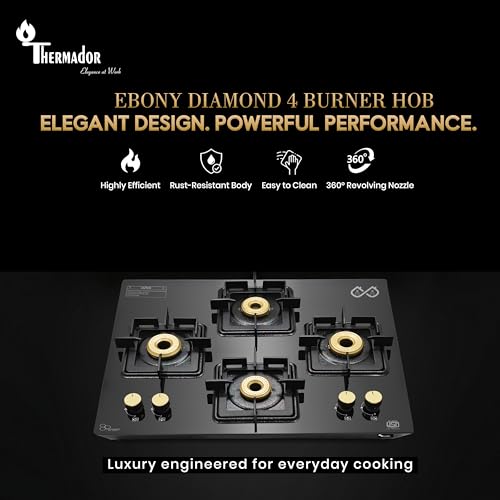 Image of Thermador 4 Burner Diamond Hobtop Gas Stove With Manual Ignition. Toughened Glass Top,Brass Burners,Stainless Steel Drip Tray,Anti-Skid Pan Support- LPG Compatible Kitchen Cooktop
