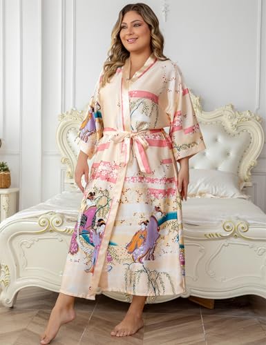 Image of Women's Floral Long Satin Robes Plus Size Long Silk Robes Peacock Floral Kimonos Sleepwear Dressing Gown