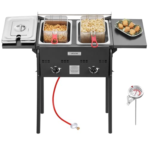 VEVOR Outdoor Propane Deep Fryer, Double Burners Commercial Fryer, 16 Qt Stainless Steel Cooker with Removable Baskets & Lids & Tanks, Oil Fryer Cart with Thermometer & Regulator, For Outdoor Cooking