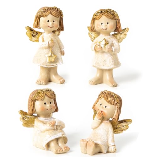 Logbuch-Verlag 4 figuras de ángeles de Navidad, color crema, oro blanco, pequeño regalo ángel de la guarda 6,5 cm
