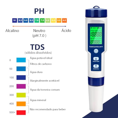Phmetro Medidor de Ph Digital Portátil 5 em 1 Tds Ec Sal para Água Piscina Áquario Hidrponia Testado