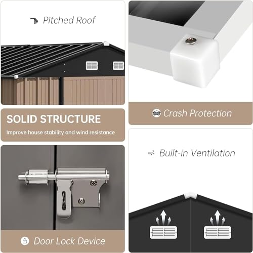 Zstar 10 x 8 FT Outdoor Storage Shed, Metal Steel Shed Storage House with Updated Frame Structure & Lockable Door, Waterproof Garden Steel for Backyard, Garden, Lawn, Patio, Brown