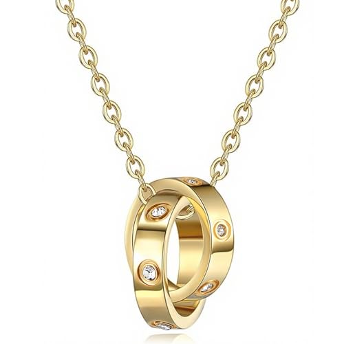 Gold Interlocking Circles Love Necklace for Women, Adjustable Stainless Steel Silver Pendant Necklace, Unique Gifts for Women on Birthday Anniversary Valentines Wedding