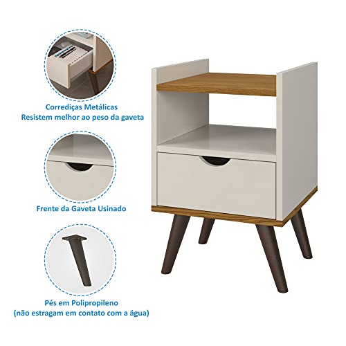 Mesa de Cabeceira Alice Modelo Retrô com Nicho e 1 Gaveta Off White com Freijó
