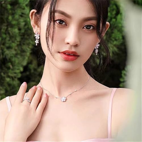Dainty Pink Peach Blossom CZ Flower Choker Necklace for Women Cute Sterling Silver Plated Crystal Heart Shaped Floral Charm Pendant Trendy Adjustable Chain Necklaces Fashion Jewelry Gifts 17"4