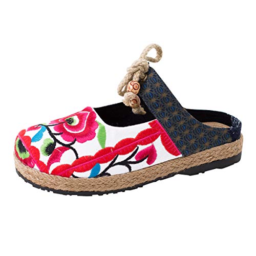 MISSMAO Femme Ballerines Chinois Style Chaussures d'été de Lacets Mary Jane Fleuris Rouge 36