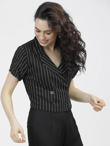 Image of Tokyo Talkies Women's Striped Double-Breasted Rayon Regular Fit Crop Top | Short Sleeves | Chic & Trendy| Women Tops | Stylish Top