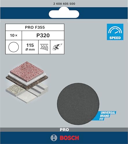 Bosch 10x Feuille abrasive PRO F355 (pour Béton, Pierre dure, Ø 115 mm, Grain 320, Professional Accessoire Petite meuleuse angulaire)