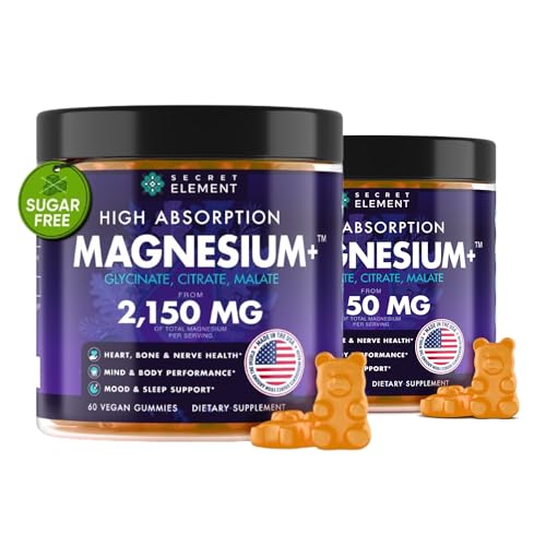 Secret Element Magnesium Glycinate 2150MG Gummies for Women and Men, High Absorption Magnesium Glycinate, Citrate, Malate, Sugar Free, Vegan, 60 Chews, Pack of 2, Orange