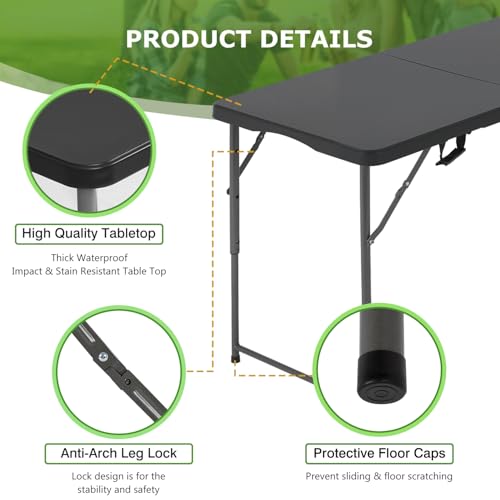 Image of BestOffice 4 FT Picnic Table Folding Table Camping Plastic Table Fold Up Table Lock for Party Event, Black