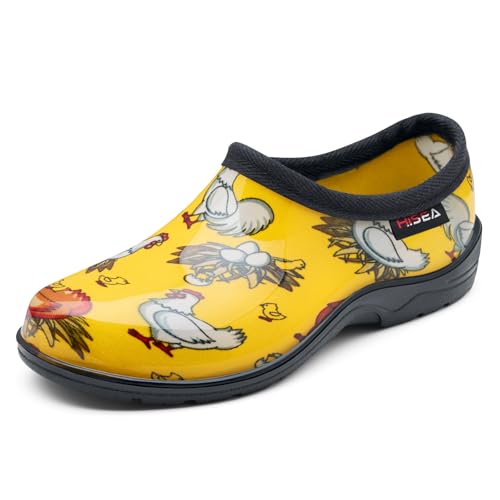 HISEA Waterproof Garden Shoe for Women Outdoor Slip-On Rain Boots Rubber Garden Clogs Short Ankle Booties and Rain Shoes with Comfort Insole, Size 9 Chicken Print Yellow