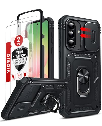 LeYi Funda para Samsung Galaxy A56/A 56 5G con [2-Unidades] Cristal Vidrio Templado,Carcasa Cubierta de cámara Deslizante Proteger Anillo Soporte Silicona TPU Armor Bumper Case, Negro