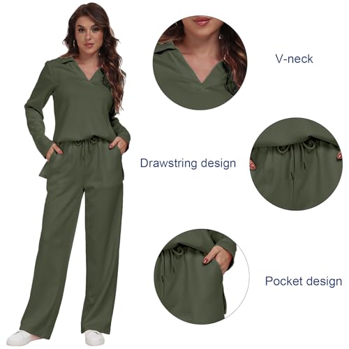 RONGTAI 2 Piece Outfits Sweatsuit for Women Casual Long Sleeve V Neck Pullover Tracksuit Solid Soft Comfy Tracksuits Set4