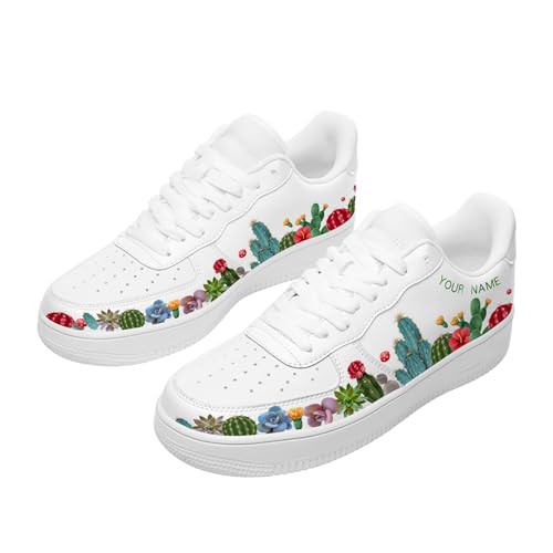 Custom Name Low Top Cactus Sneakers for Womens, Personalized Cute Plant Print Casual Everyday Walking Shoes, White Fashion Sneakers to Wear with Dresses4