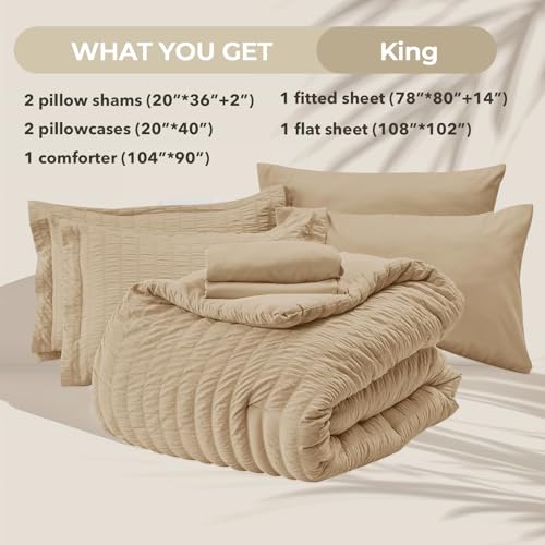 Image of HYMOKEGE Khaki King Size Comforter Set Seersucker 7 Pieces, All Season Luxury Bed in a Bag for Bedroom, Bedding Set with Comforter, Sheets, Pillowcases & Shams