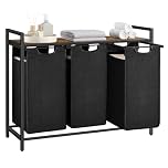 VASAGLE Laundry Basket, 3-Compartment Laundry Hamper, Pull-Out and Removable Liner Bags, Clothes Sorter, Shelf, Metal Frame, 3 x 40 L, 92.5 x 33 x 72 cm, Ink Black and Rustic Brown BLH301B01