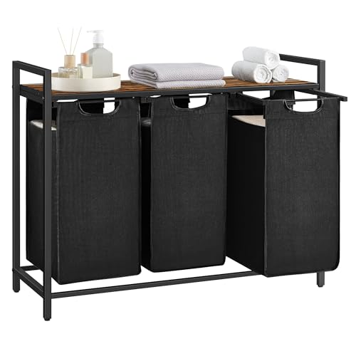 VASAGLE Laundry Basket, 3-Compartment Laundry Hamper, Pull-Out and Removable Liner Bags, Clothes Sorter, Shelf, Metal Frame, 3 x 40 L, 92.5 x 33 x 72 cm, Ink Black and Rustic Brown BLH301B01