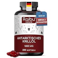 Krillöl 1.200 mg - 200 Weichkapseln, Reich an Omega-3, -6, -9, Astaxanthin und Phospholipiden - Mehr als 3 Monate Vorrat - Frei von Gluten, Laktose und künstlichen Aromen - Kein Fischgeschmack