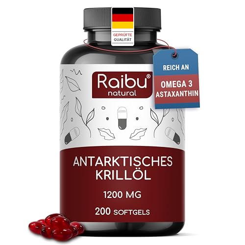 Krillöl 1.200 mg - 200 Weichkapseln Reich an Omega-3 -6 -9 Astaxanthin und Phospholipiden - Mehr als 3 Monate Vorrat - Frei von Gluten Laktose und künstlichen Aromen - Kein Fischgeschmack