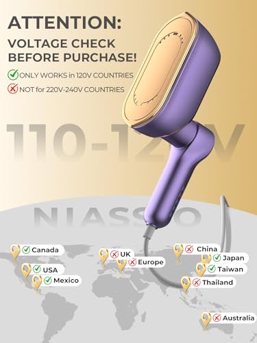 Image of NIASSO Travel Steamer, 1200W Portable Handheld Fabric Steamer for Clothes | 4Modes with LCD Display, Powerful Wrinkle Remover, 150ML Water Tank, 10S Fast Heat-Up, 120V Only (Not for Europe), Purple